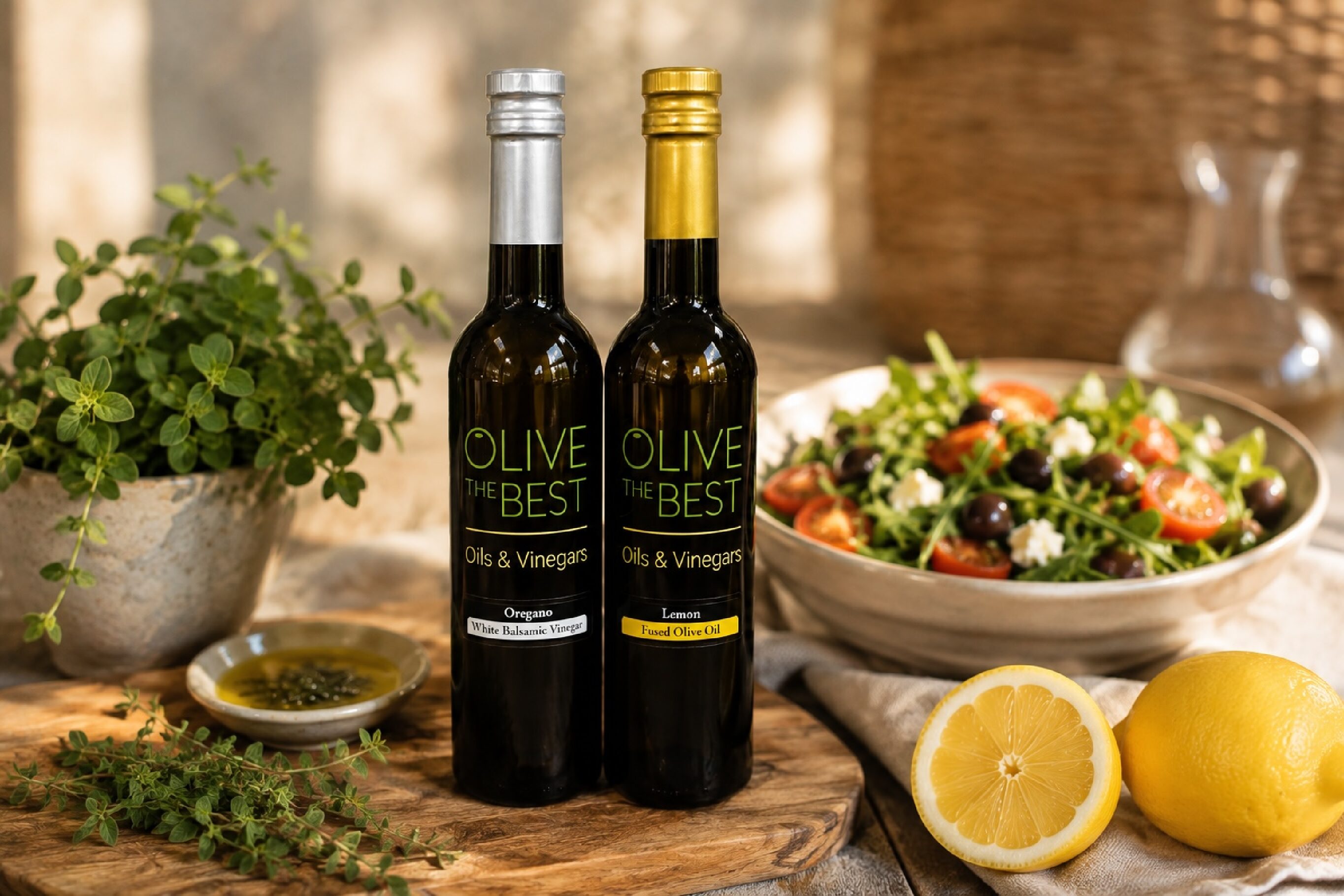 Pairing of the Month August Lemon Fused Olive Oil & Oregano White Balsamic Vinegar