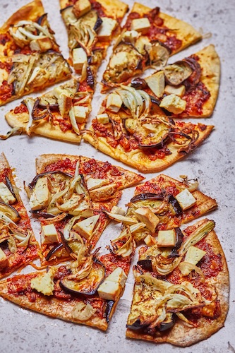 Flat breads with aubergines, fennel, smoked tofu, Preserved Lemon and Rose Harissa Pesto – from Belazu.com