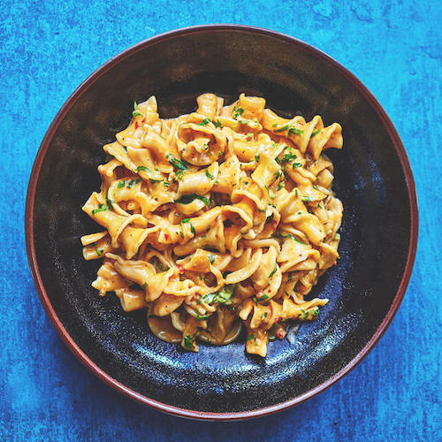 Gigli Pasta with a creamy Rose Harissa & Preserved Lemon Sauce – by Belazu.com